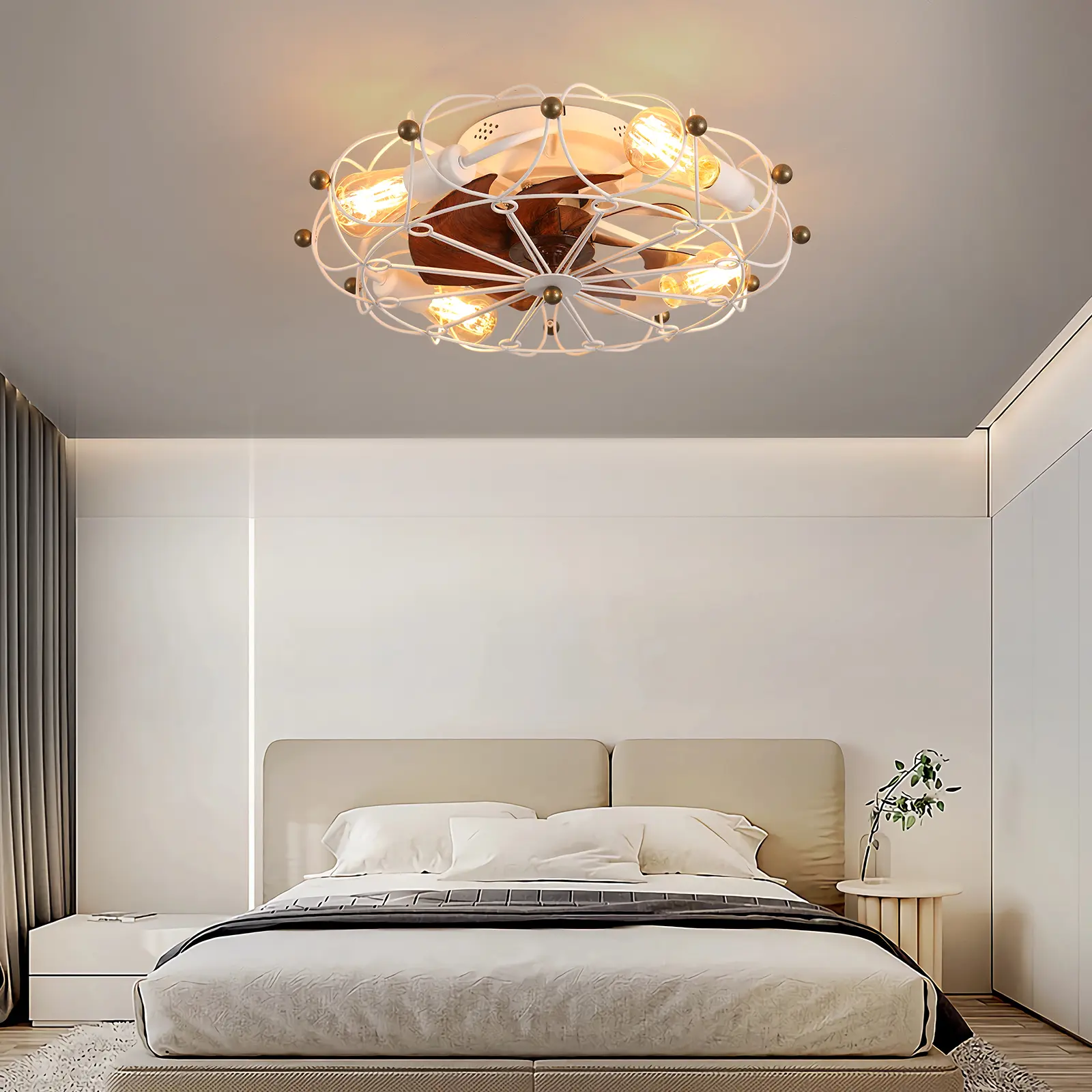 NookNova 19.7" Commercial Caged White Ceiling Fan with LED Lights, ABS Plastic, Remote Control, Reversible Vintage Design, Airflow + Light Function, for Bedroom Living Room Indoor Use, 19.7" Size