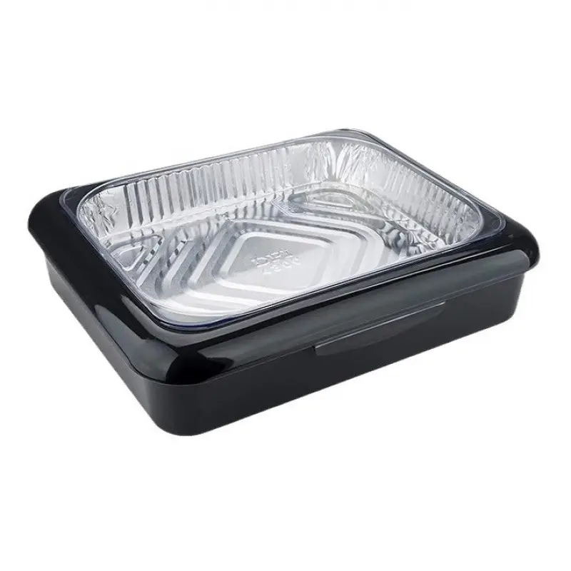 Disposable Black Aluminum Foil Kitchen Tray with Transparent Lid – Stackable Dinnerware Set, Portable Isolation Cookware for High-End Catering Services, Perfect for Parties, Events & Takeout, Leak-Proof Durable Design, Microwave & Oven Safe