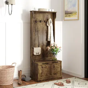Western-themed Wild West style Hall Tree with Coat Rack, Storage, and Sitting Bench, Rustic Brown