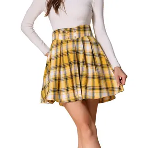 INSPIRE CHIC Women's Vintage Plaid Double Breasted A-Line Pleated Mini Skirt Yellow Blue Small