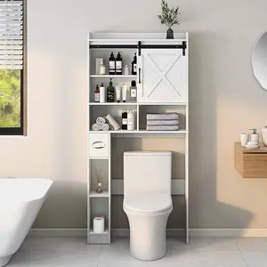 [SummerVibes] Vabches Over The Toilet Storage Cabinet, Farmhouse Storage Cabinet Over Toilet with 2 Barn Door & Toilet Paper Holder Stand，Home Space-Saving Toilet Rack, for Bathroom, Restroom