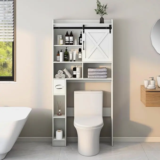 [Summergarden] Vabches Over The Toilet Storage Cabinet, Farmhouse Storage Cabinet Over Toilet with 2 Barn Door & Toilet Paper Holder Stand，Home Space-Saving Toilet Rack, for Bathroom, Restroom