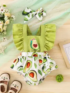 Two-Piece Baby Girl Cool Silk Cotton Casual Onesie Set, Spring Summer Cute Style Cartoon Avocado Print, Includes Headband, Baby Clothing