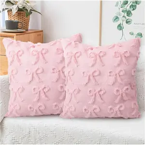 Faux  Plush Pillow Cover - 2 count 18 X 18 Cute Fluffy Plush Throw Pillow Covers, Square Cushion Case Decoration Housewarming Gifts for Sofa Couch Bedroom Living Room Home (Pink)