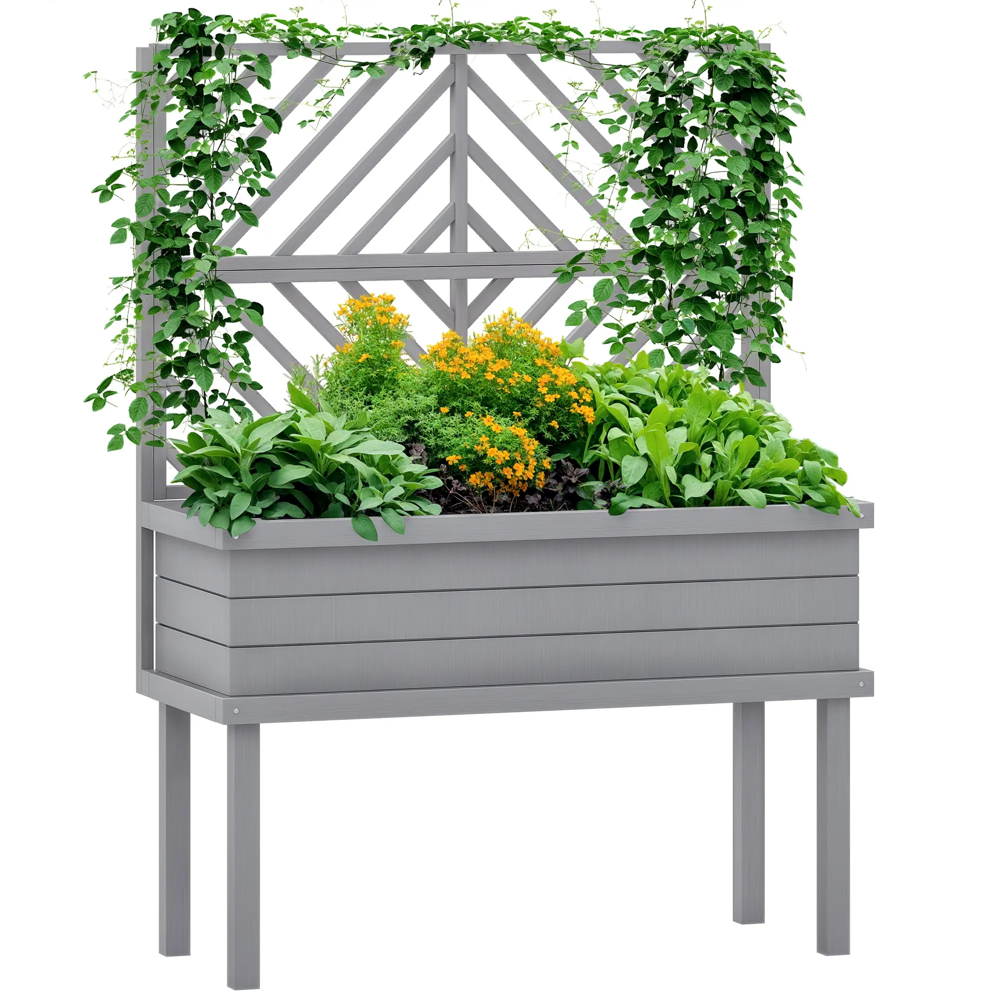 Elevated Wood Planter with Trellis – Perfect for Climbing Vines, Flower Baskets & Outdoor Decor. 41" Wide x 55" High. Gray Carbonized Fir Wood with Waterproof Paint