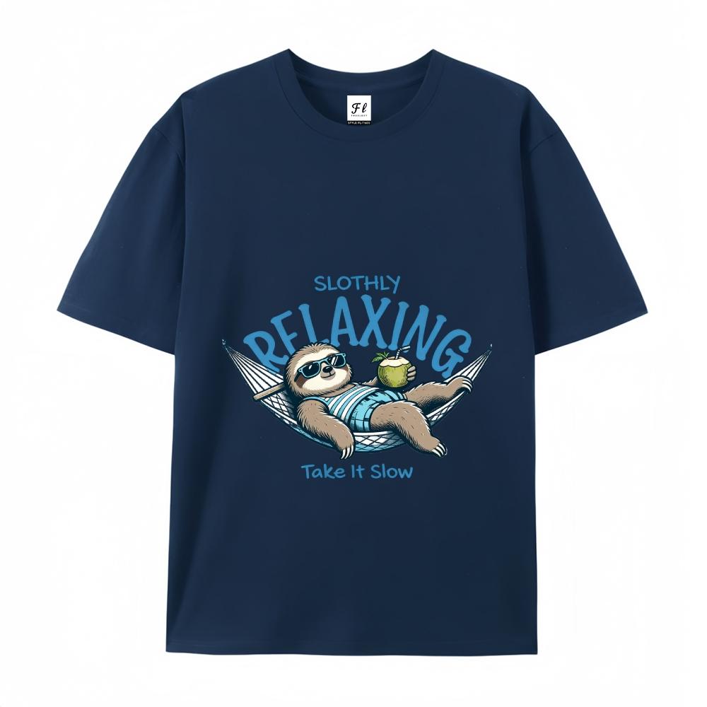 Slothly Relaxing Funny Sloth Graphic Tee Summer Vacation Casual Top For Men & Women Cartoon Drop Shoulder Short Sleeve Crew Neck Tshirt - Menswear