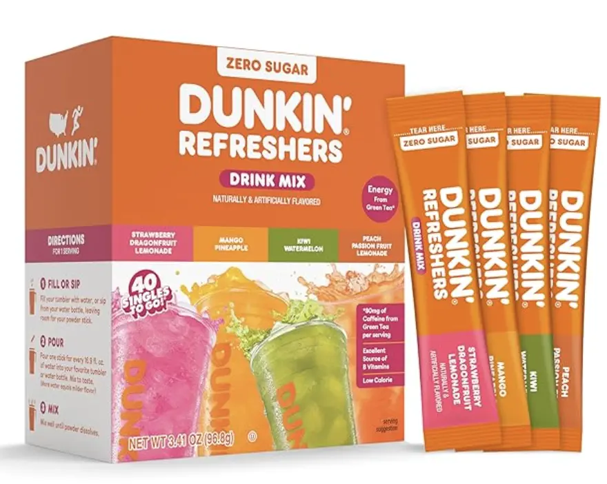Dunkin Sugar Free Refresher Singles To Go!  Green Tea Drink Mix Packets | 40 Ct loaded tea packets with caffeine