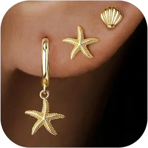 Gold Seashell Starfish Stud Hoop Earrings for Women, Summer Beach Flower Drop Earrings for Multiple Piercing Cartilage, Dainty Trendy Dangling Earring 3 Pairs Set Vacation Outfits Accessories Jewelry