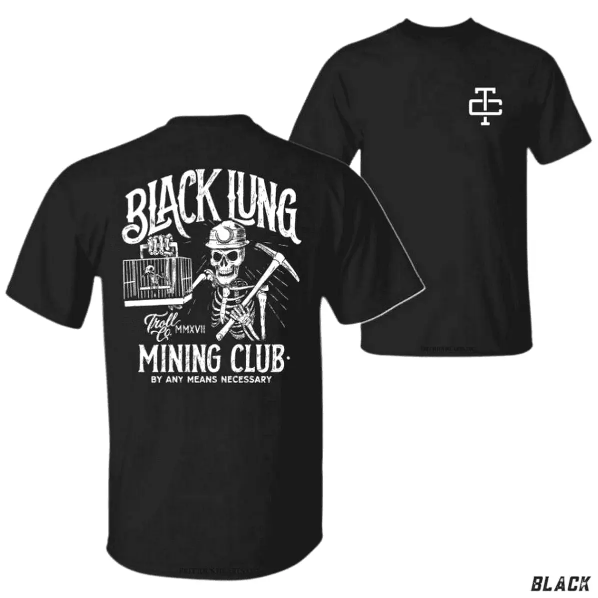 Women's Short-Sleeve Cotton Graphic T-Shirt - Troll Co Black Lung Mining Club Clothes, Vintage Coal Miner Skeleton Print, Soft Light Fabric, Casual Blue Collar Streetwear, Round Neck Essential Gift for Hardworking Individuals