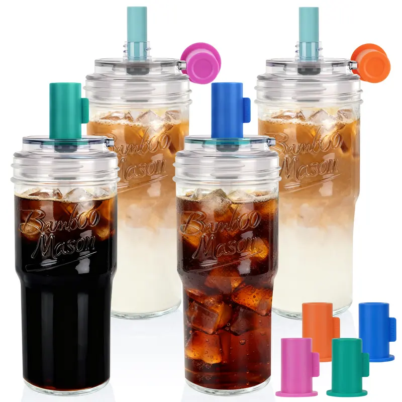 CAP CUP Upgraded 24oz Glass Cup with Leak-Proof Lid & Straw Perfect For Coffee, Smoothies, Juice & Cocktails