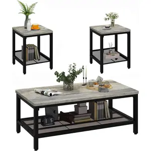 Coffee Table Set of 3, Industrial Coffee Table with 2 Square End Side Tables, Modern Living Room Table Set with Metal Frame for Apartment Home Office
