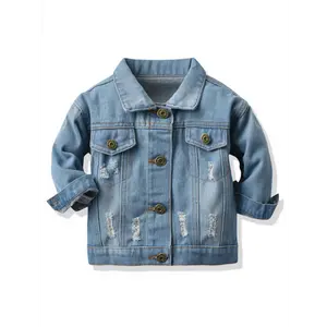 Toddler Girl's Fall Denim Jacket with Back Rose Embroidery - Long Sleeve Lapel Button- Ripped Detailing, Casual & Formal Wear, Hand Wash Only, Regular Fit