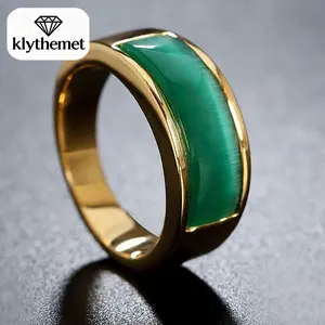 Vintage Cat's Eye Stone Jade Green Simple Unisex Titanium Steel Ring