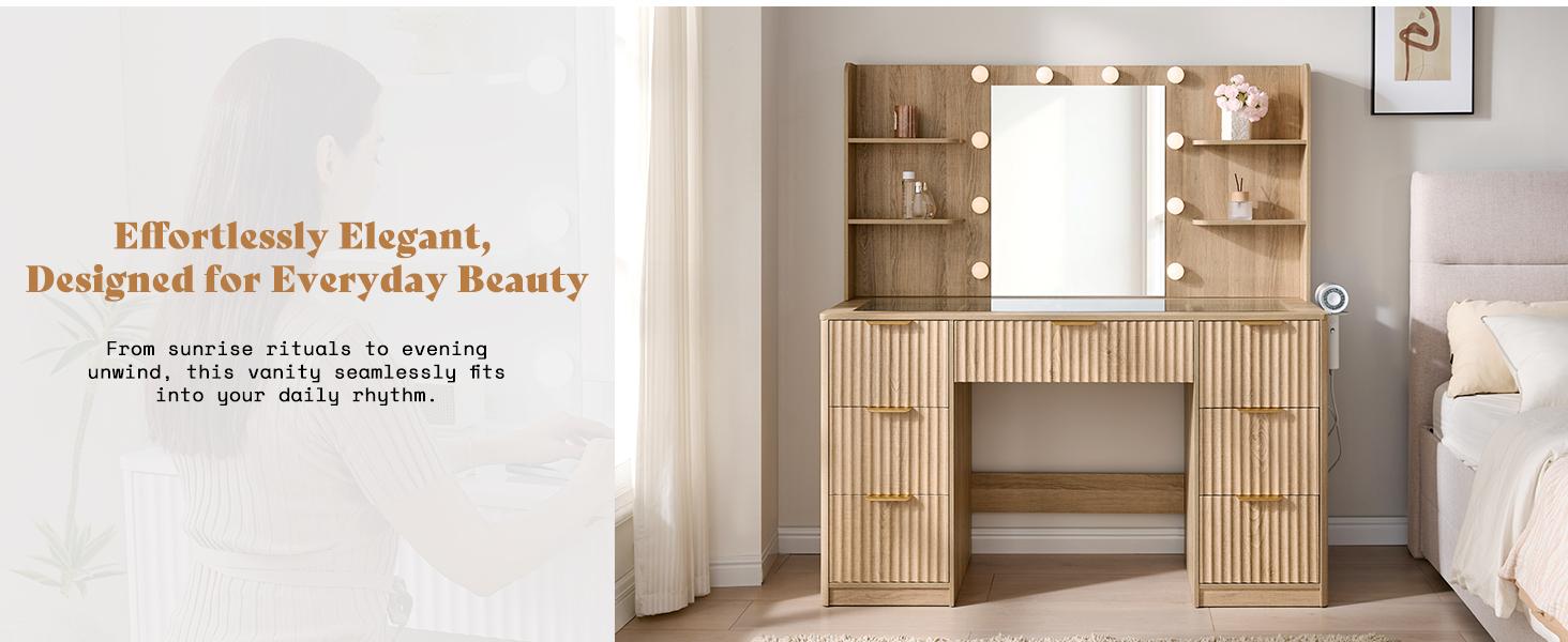 AMERLIFE 36.2/47.2" Fluted Vanity Desk with Mirror and Adjustable LED Lights, Large 4/7 Drawers Makeup Table with Glass Top and Charging Station for Women and Girls, Bedroom or Dorm/Best Gift Ideas/Christmas Gifts