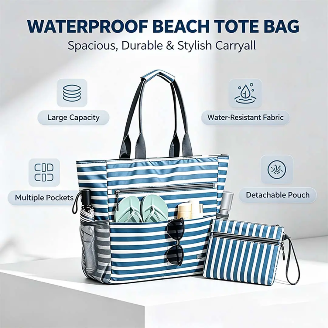 Women's High-Capacity Synthetic Striped Pastel Nylon Waterproof Sandproof Carry All Tote - Top Handle, Zipper Closure, Foldable, Lightweight Versatile Tote, Mesh Organiser, Multi-Compartment Beach Bag for Family Pool Vacations, Casual Outings