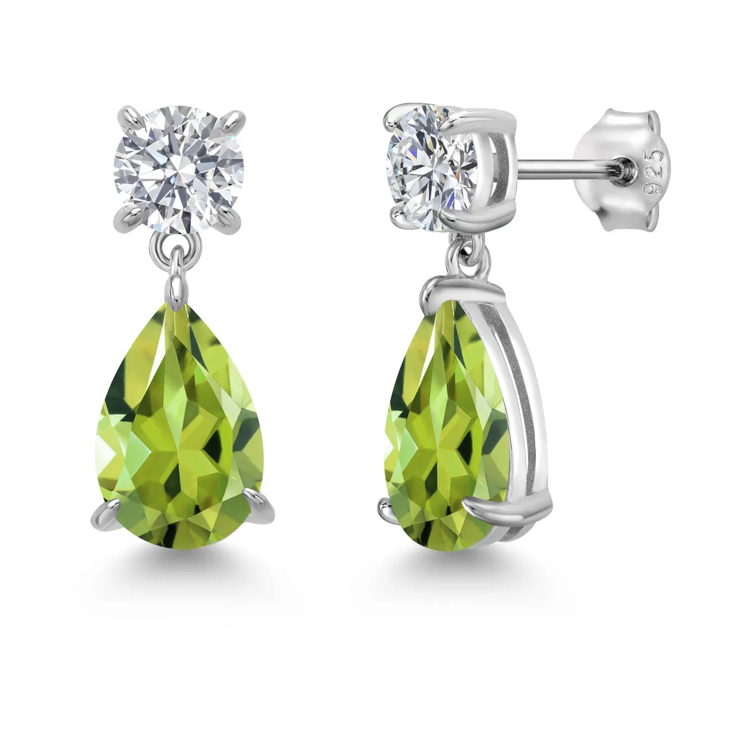 Gem Stone King 925 Sterling Silver Green Peridot and Lab Grown Diamond Earrings for Women | 7.44 Cttw | Gemstone August Birthstone | Pear Shape 12X8MM