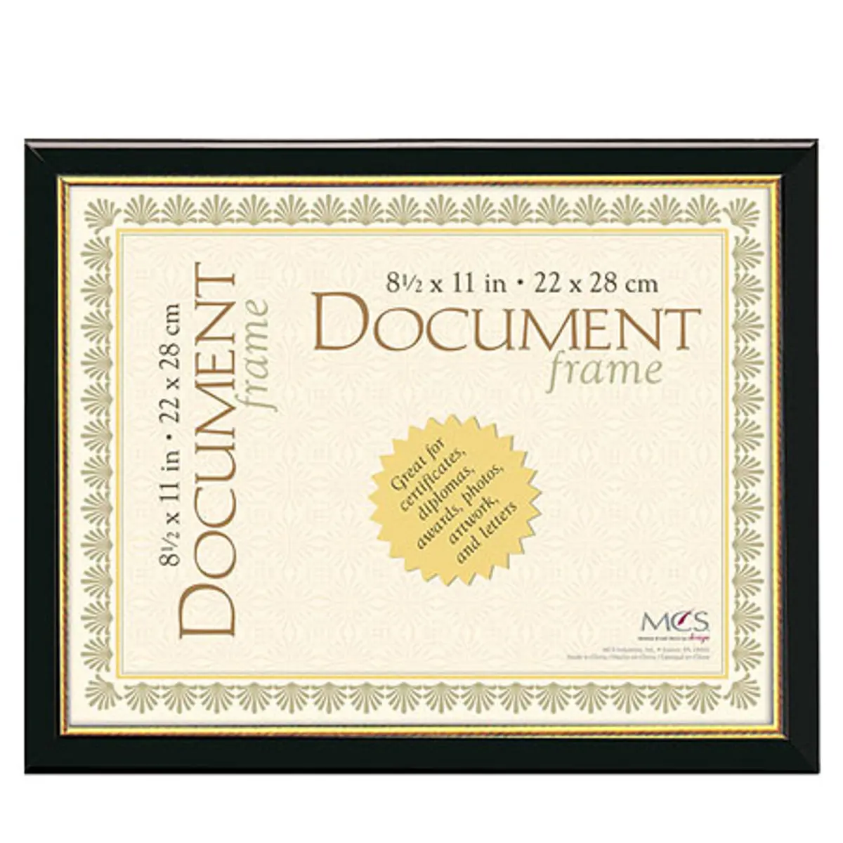 MCS Step Document Frame, Wall Size, -3/4" Width, for a 8.5x11" Photograph, Color Black with Gold Trim