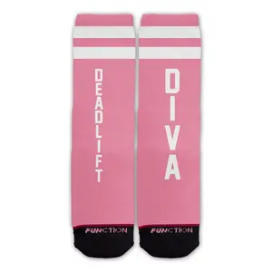Function Deadlift Diva Cross Fit Socks - Pink Crew Socks with White Racing Stripes & "Deadlift Diva" Print for Women Sizes 6-12