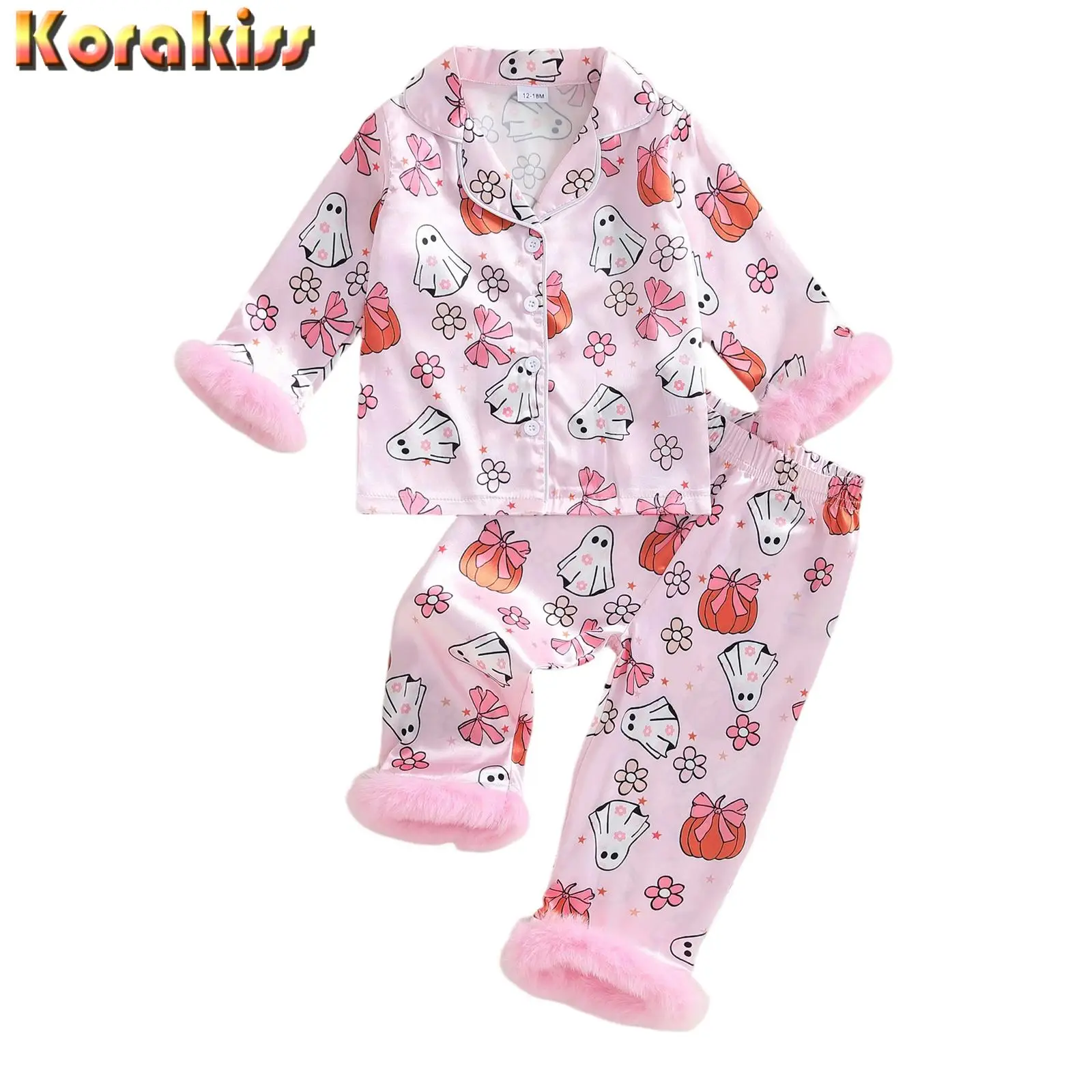 Girls Halloween Pajama Sets Long Sleeve Lapel Floral Pumpkin/Ghost Print Shirt Pants Sleepwear