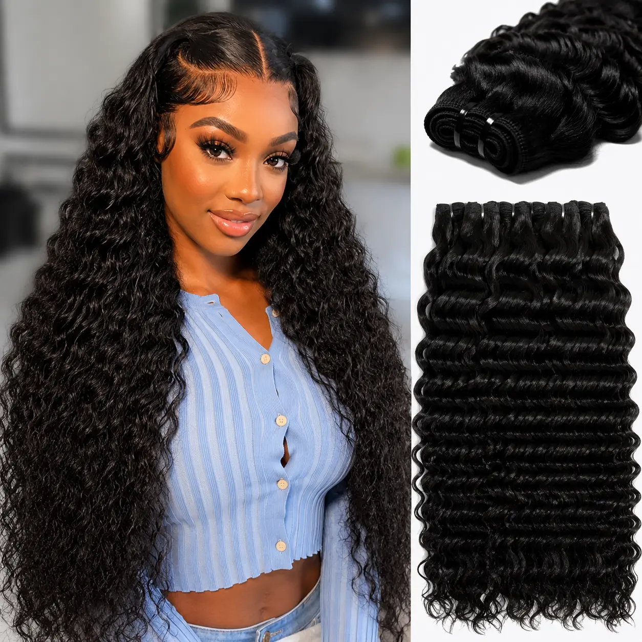 Deep Wave Human Hair Bundles, Brazilian Virgin Hair Quick Weave Extensions Natural Black Bundles for Women Soft and Full Hair Weave for Women, Single Bundle or Bundle Set Options