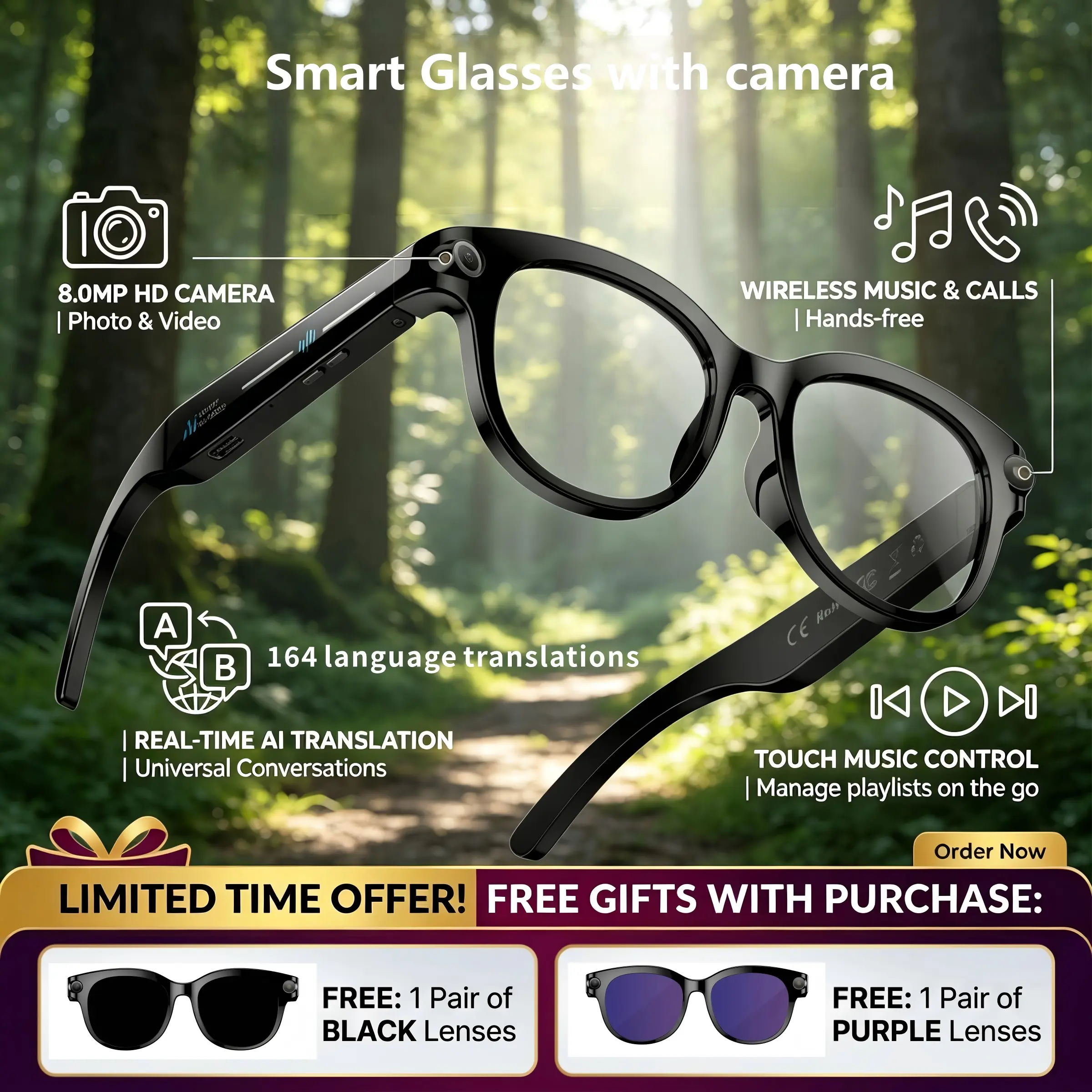 Wearable Minimalist Smart AI Glasses - 2MP Anti-Shake HD Cam, 2MP Cam Black, Bluetooth Hands-Free Calling, Voice Control, Translation, Object Recognition, Assistant Conversation, Multi-Sports Wireless Eyewear, Music Player Electronics Gadget, Digital Came