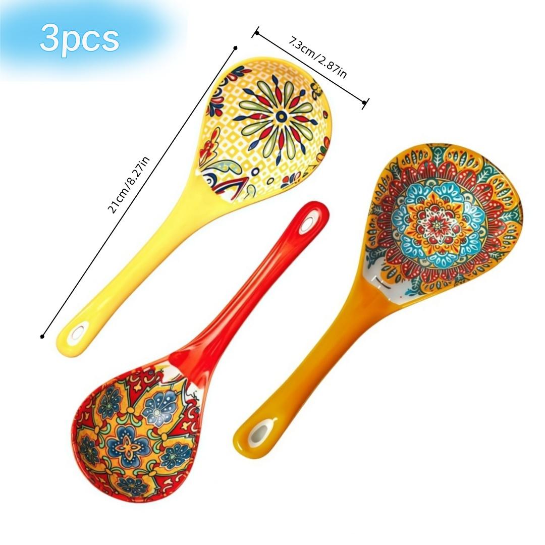 nonstick cooking spoon，3-piece set of ceramic large soup spoons, Bohemian-patterned dinnerware set, suitable for cooking, kitchen dinnerware set, dishwasher safe, extra-large miso soup spoon, large soup ladle, ramen spoon Cutlery