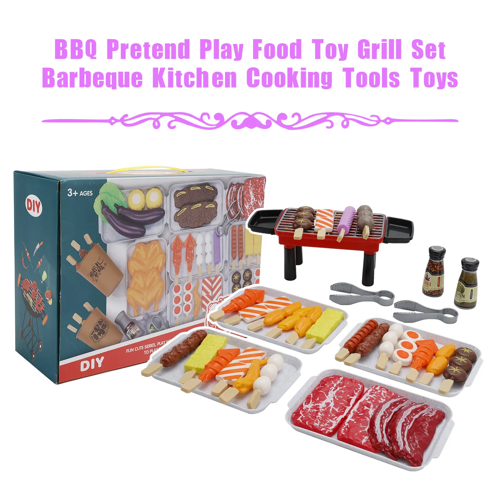 36Pcs Realistic Plastic BBQ Pretend Play Food Grill Set - Kid Grills, Play Kitchen Accessories, Barbeque Cooking Tools Toys That Boosts Fine Motor Skills, Role-Play