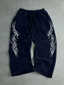 Trendy Street Style Drawstring Sweatpants, Symmetrical Graphic Print, Casual Fashion, Comfortable Fit, Unisex Fall & Winter Wear, Drawstring Waist Athleisure