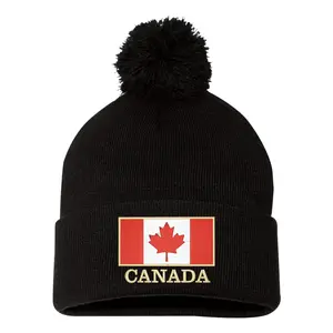 Canada Flag With Classy Gold Trim Canadian Pride Embroidered Knit Beanie Pom Cap