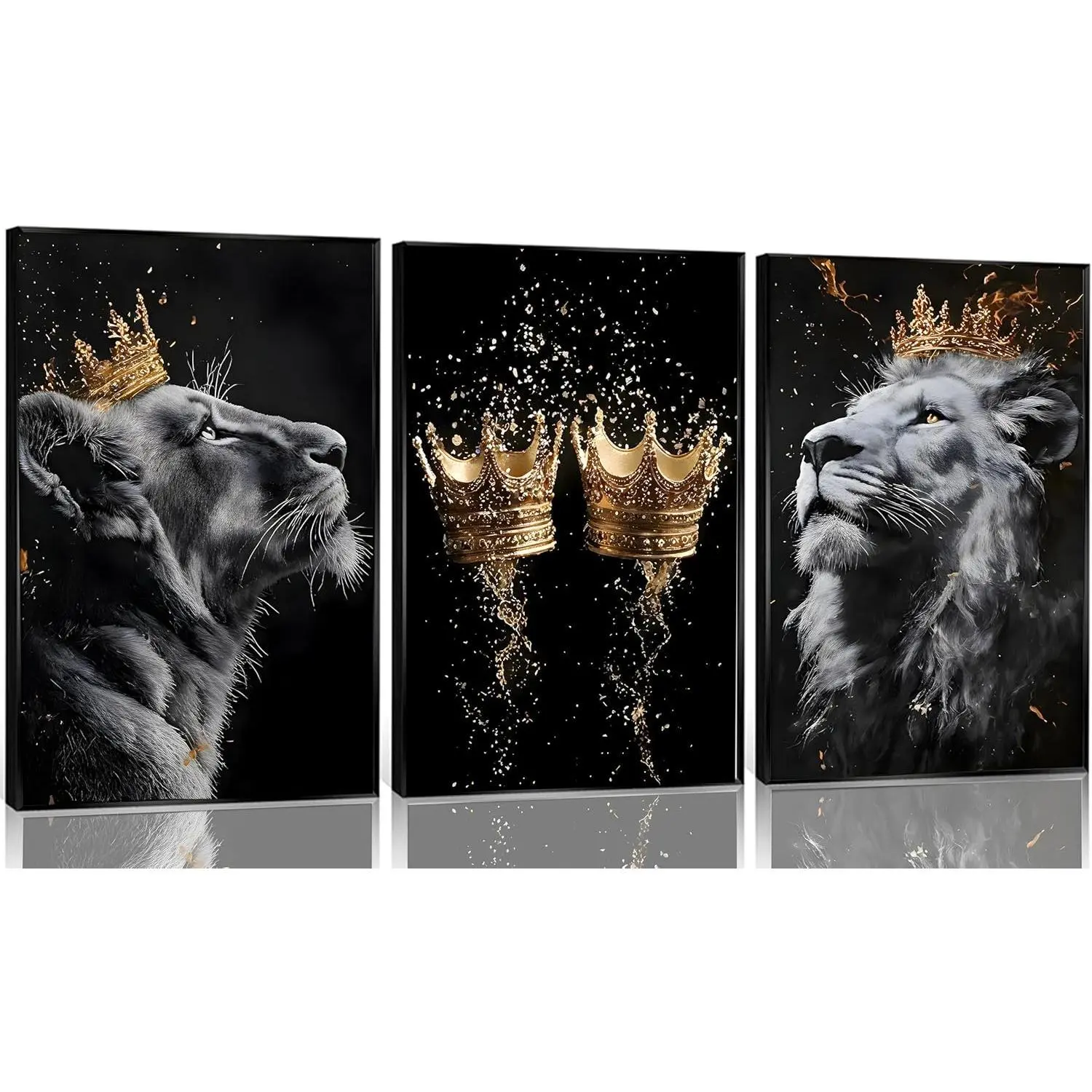 3 Pieces Lion Canvas Wall   Gold Crown Lion Poster Print, Modern Inspirational Black and White Lion Picture Wall   for Living Room Office  ation