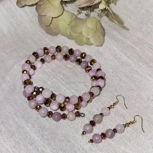 Purple Jade Memory Wire Bracelet & Earrings Set Handmade Adjustable Accessories