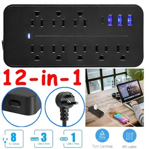US Standard Power Strip Surge Protector, 8 AC Outlets 4 USB Ports(USB C), 4FT Heavy Duty Extension Cord, Smart Fast Charging, Safety Certified for Home & Office