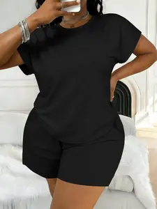 Women's Plus Size Casual Plain Short Sleeve Top & Shorts Set, Womenswear Spring Summer Loose Fit Comfortable, All Seasons Fashion
