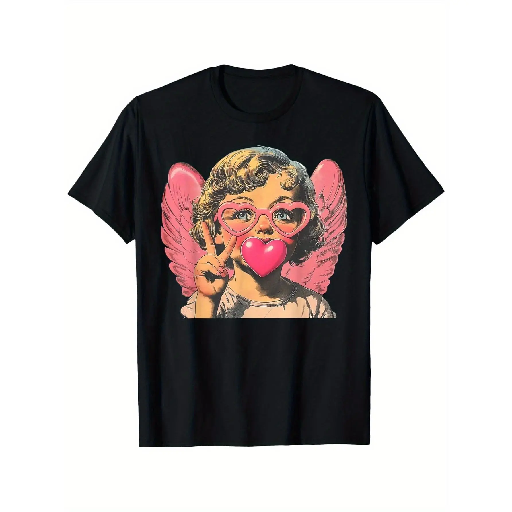 Cute Pink Cupid Retro Cupid Valentines Day Blowing Bubble T-Shirt Gift, Unisex, Hot selling items, Soft, Breathable, Lightweight - Crew Neck, Regular Fit - Machine Washable, Comfortable Cotton Crew Neck Short Sleeve Graphic Print T-Shirt