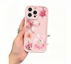 1pc Minimalist Pink Lily Flower Pattern Shockproof TPU Phone Case, Compatible With IPhone 16 Pro Max/15 Plus/14/13/12/11/8P/XS Max And Galaxy S24 Ultra/S23 FE/S22/S21/S20/A52S/A15/A03