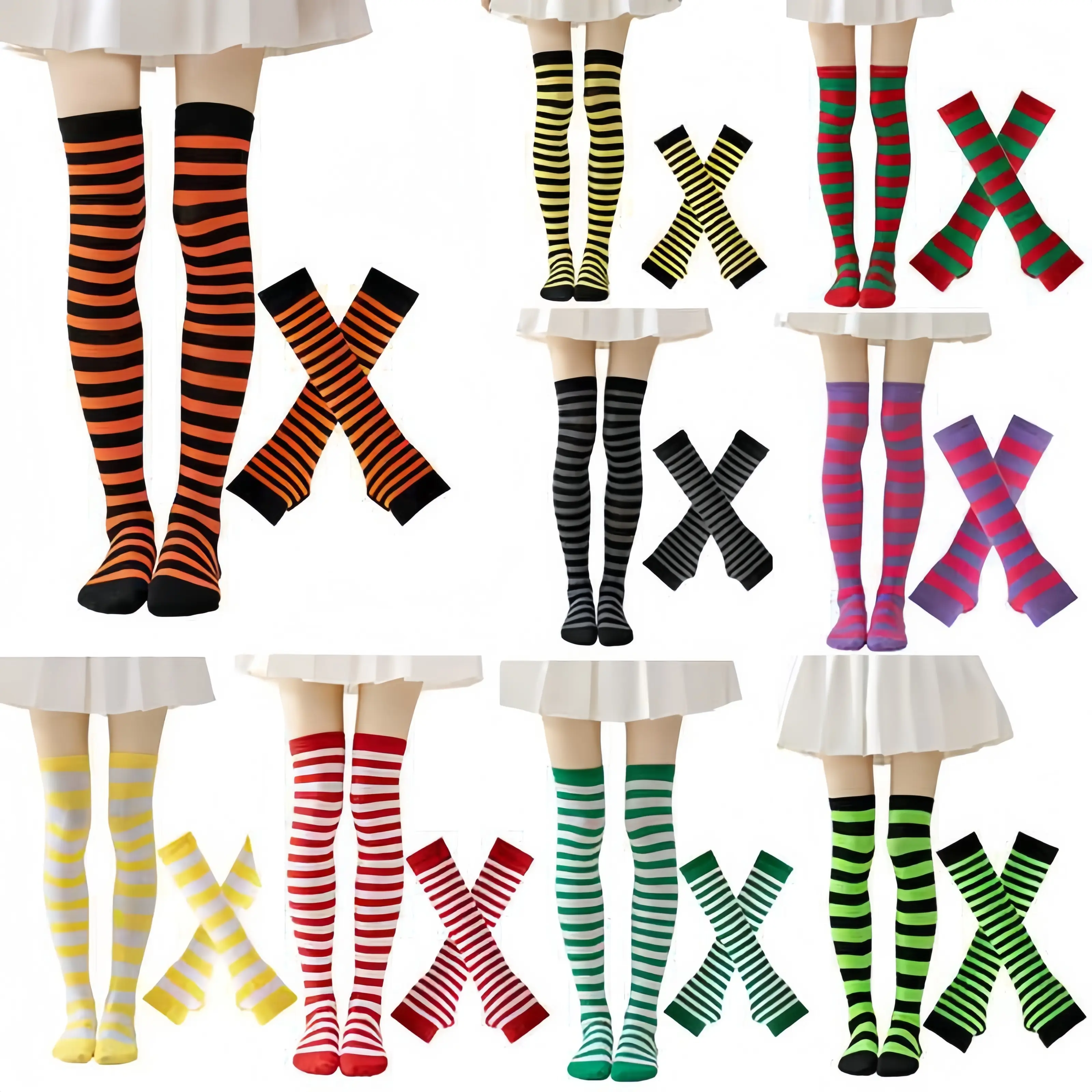 Women Striped Thigh High Socks & Fingerless Arm Warmers Set, Knit Stretchy Long Sleeve Gloves, Cosplay Costume Accessories, All‑Match Soft Knit Outfit Kit for Halloween Party Holiday Festival Daily Dress‑up