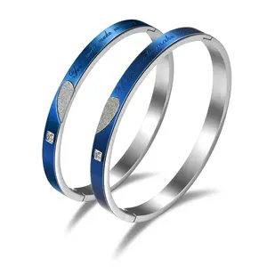 OIDEA "Your Smile Make Me Happy" Puzzle Heart 316 Stainless Steel Cubic Zirconia Couple Cuff Bracelet Set — Matching His & Hers Bangle, Valentine's Day Anniversary Gift