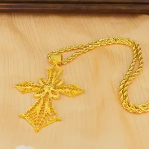 Affordable Fashion Ethiopian Cross Pendant, 80cm Twisted Chain, Gold Color Jewelry for Women - African Wedding Party Gift, Ethiopian Eritrea Costume Necklace Accessory