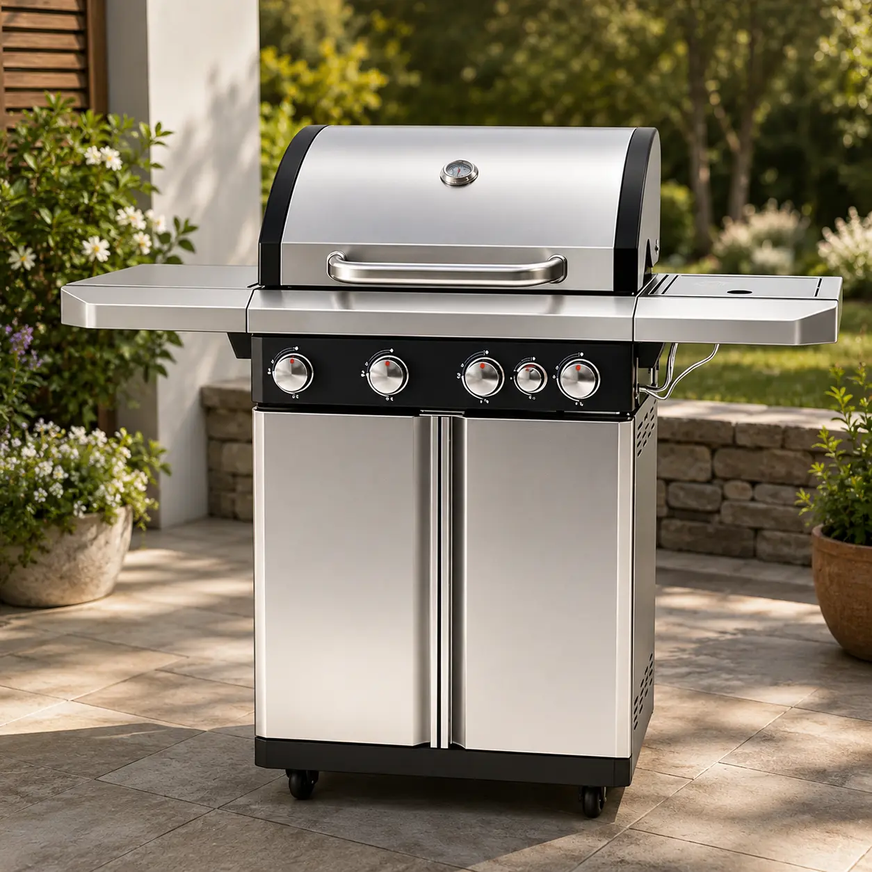 Silver- 4+1 Burner Propane Gas Grill with Side Burner, 50,000 BTU Stainless Steel BBQ Grill, 570 Sq. In. Cooking Area, Porcelain-Enameled Cast Iron Grates, Electronic Ignition Home Modern fire pit outdoor, Grilling Accessories, Barbecue