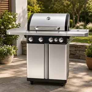 Silver- 4+1 Burner Propane Gas Grill with Side Burner, 50,000 BTU Stainless Steel BBQ Grill, 570 Sq. In. Cooking Area, Porcelain-Enameled Cast Iron Grates, Electronic Ignition Home Modern fire pit outdoor, Grilling Accessories, Barbecue