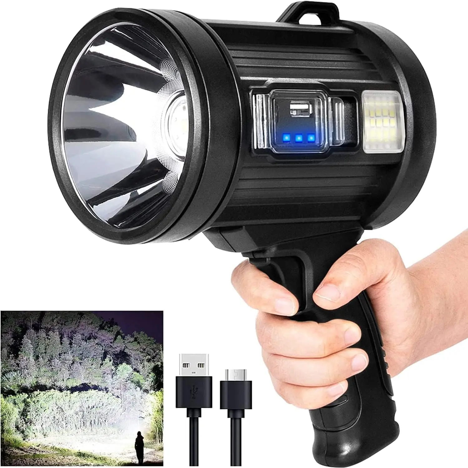 Rechargeable Spotlight, 2,000,000 Lumens Handheld Hunting Flashlight Led Spot Light with Cob Light and Solar Panels, Lightweight and Super Bright Spotlight for Hunting Boating Camping