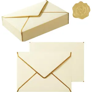 50 Pieces A4 Gold Border Envelopes 4.25 x 6.25 Inches with Gold Stickers for Greeting Cards Invitations Cream Color (A4 4x6)