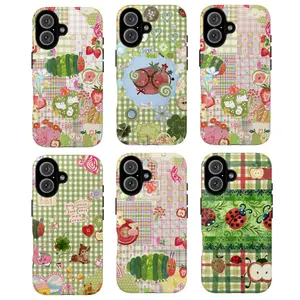 Cute Green Gingham Tough Phone Case – Patchwork Caterpillar Ladybug Strawberry Aesthetic Protective Cover for For iphone 17 promax case air 16 plus 15 promax 14 pro 13max 12 11 Samsung S25 EDGE S24 S23 S22 , gift Funny Stickers Protection