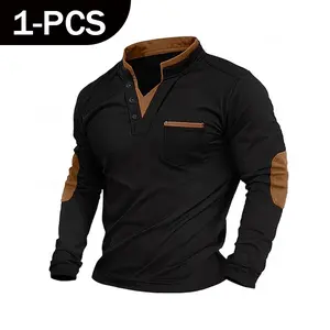 Men’s versatile high-neck gray polo shirt for spring, autumn, and winter, featuring elbow details and a faux two-piece knit layered design; classic golf shirt, fashionable sports jacket, suitable for business casual, Wrinkle-Free Four-Sided Stretch