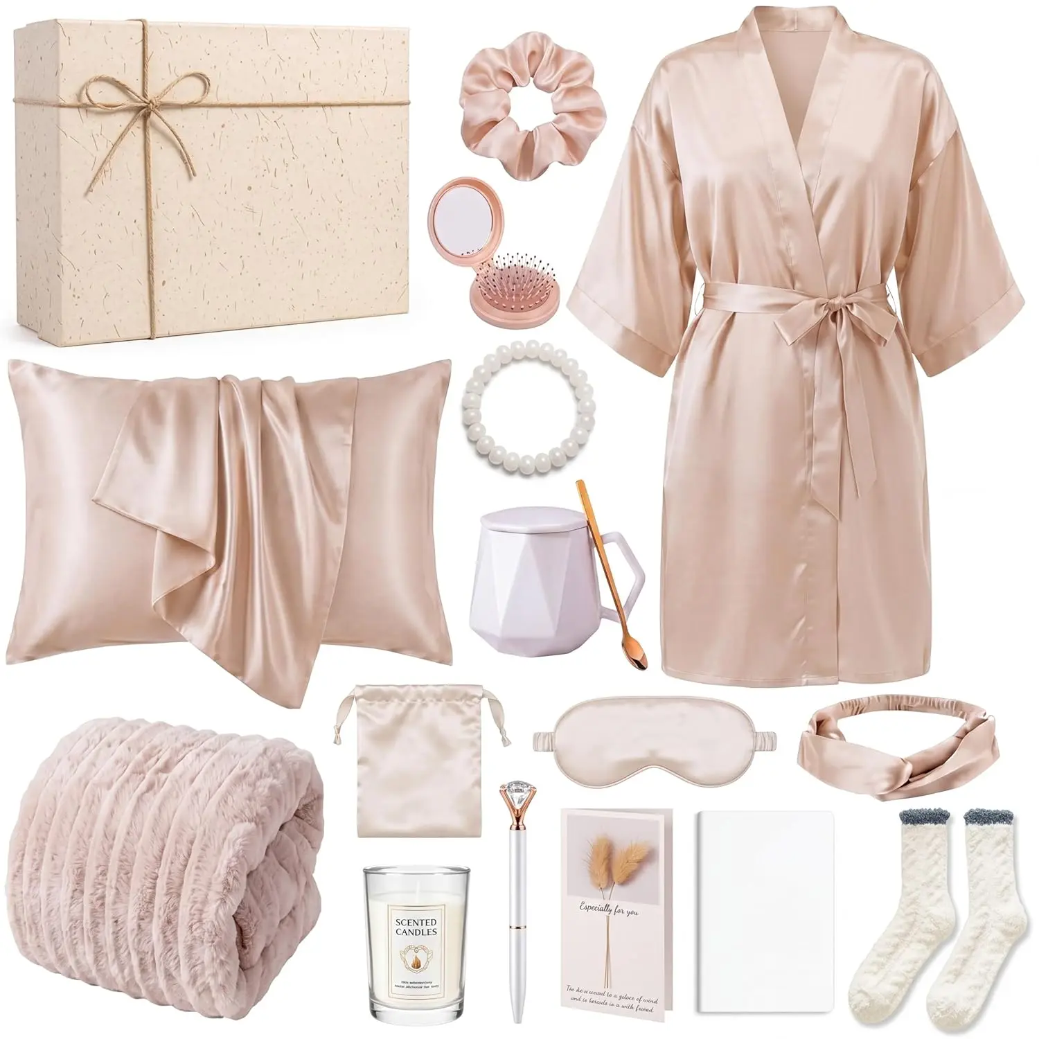 Twistover 16-Pc Women's Self Care Spa Gift Set - Robe, Blanket, Scented Candle, Mug, Notebook, Pen, Pillowcase, Socks, Eye Accessory, Plastic Bracelet, Card, Box - Mother's Day & Women's Gifts (Champagne), Mothers Day Gift, Gifts For Women