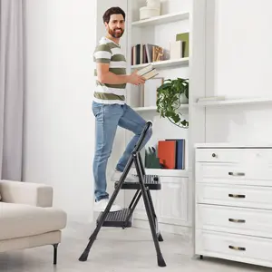 2 Step Ladder, Folding Step Stool with Wide Anti-Slip Pedal, Sturdy Steel Ladder, Convenient Handgrip, Lightweight 500lbs Portable Steel Step Stool, Black Household portable 3-layer step ladder, with safety buckle stable and safe