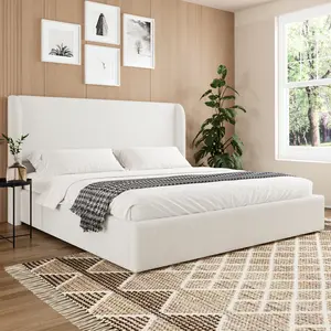 Queen Size Boucle Bed Frame, Upholstered Cloud Bed Frame with Headboard, Solid Wood Legs and Slats, No Box Spring Needed, White