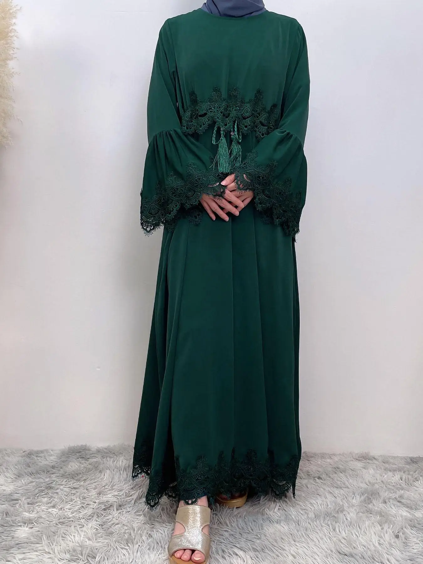 Arabic Clothing-Contrast Lace Long Sleeve Drawstring Dress, Dubai Flounce Sleeve Long Dresses, Summer Outfits 2024, Muslim Islamic Kaftan