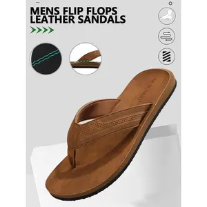 Men's leather flip flops, stylish and comfortable non-slip design slippers, suitable for daily outdoor and beach wear, arch support, durable Shoe Boy Summer Dance Soft Footwear Nail Sandal Items Brown Usat0906-4