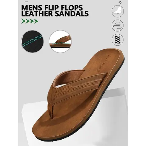 ArrigoBello Men's Leather Boat Slide Sandal Flip Flops Footwear - Flat Heel, Arch Support, Non-Slip Wet Floor Grip, Stylish Durable Soft Design, Rubber-EVA, Breathable, Adjustable Strap, Party-Ready Sandal Items (Brown, USAT0906-4)